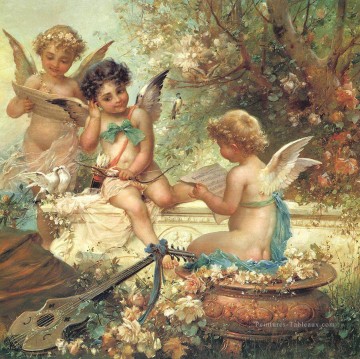 anges floraux et guitare Hans Zatzka enfant Peinture à l'huile